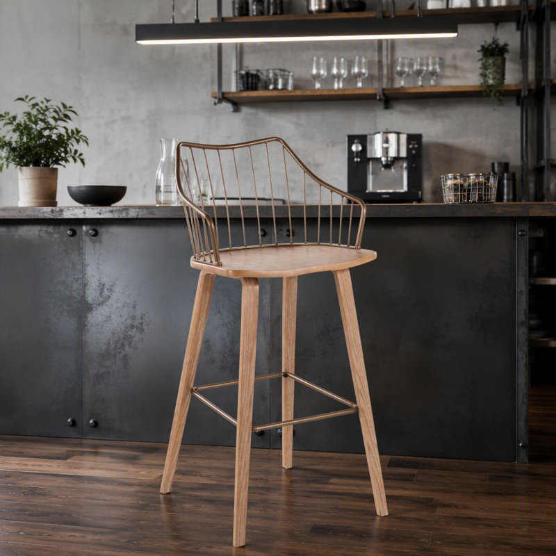 Tabouret de bar à hauteur fixe en bois blanchi et cuivre antique avec repose-pieds carré