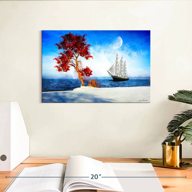 Arbre rouge Mehar et bateau, H 8 po x l 12 po