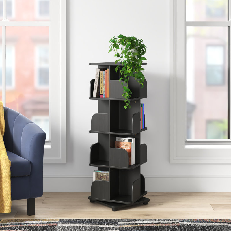 Holthaus Rotating Wooden Bookcase Organizer with Open Storage Shelves for Books, DVDs, and Media Display, Black