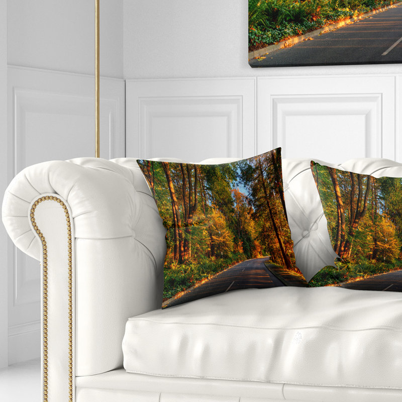Route à travers la forêt d'automne illuminée - oreiller imprimé paysage, 16 po x 1 po, Coussin décoratif