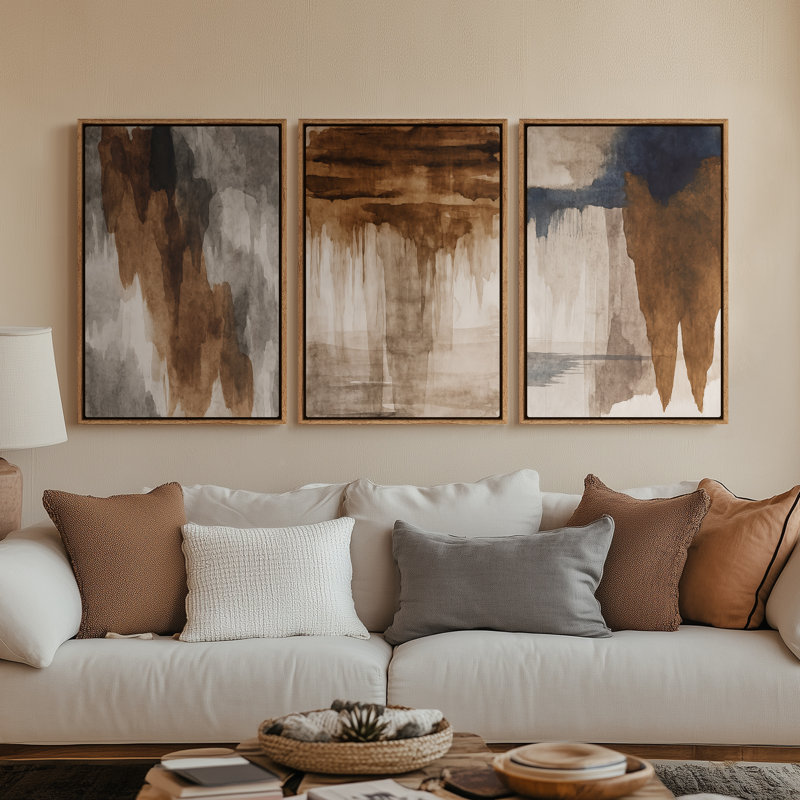 Framed Canvas Wall Art - Vintage Abstract Wall Prints for Bedroom - 3 panels, Natural, 36" H x 24" W