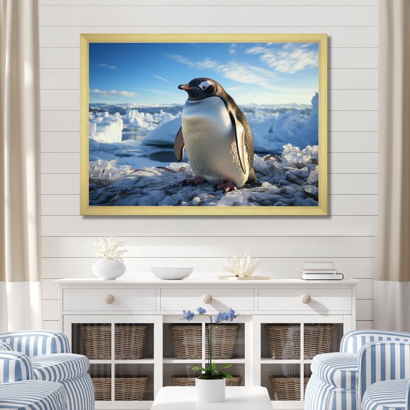 Pingouin qui se dandine d'élégance sur toile, Cadre photo doré simple, H 34 po x l 44 po x P 1,5 po