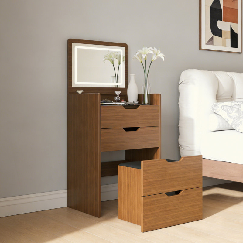 Bureau de coiffeuse 3-en-1 avec miroir éclairé et tabouret, coiffeuse à maquillage, rangement compact pour la chambre à coucher, la salle de bain et le vestiaire