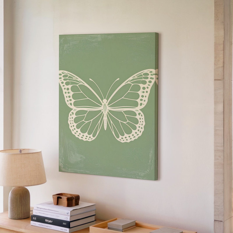 Illustration de papillon minimaliste sur toile blanche encadrée d'un art mural vert discret prêt à accrocher de qualité supérieure