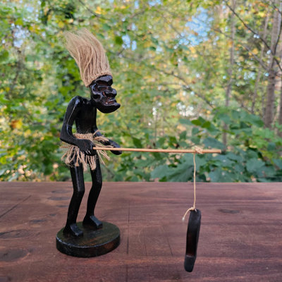  Hand Carved Tiki Fisherman Statue – Tribal Wood Sculpture With Fishing Pole & Fish – Primitive African Style Figurine, Unique Island Decor Accent For Home, Shelf Or Office Display