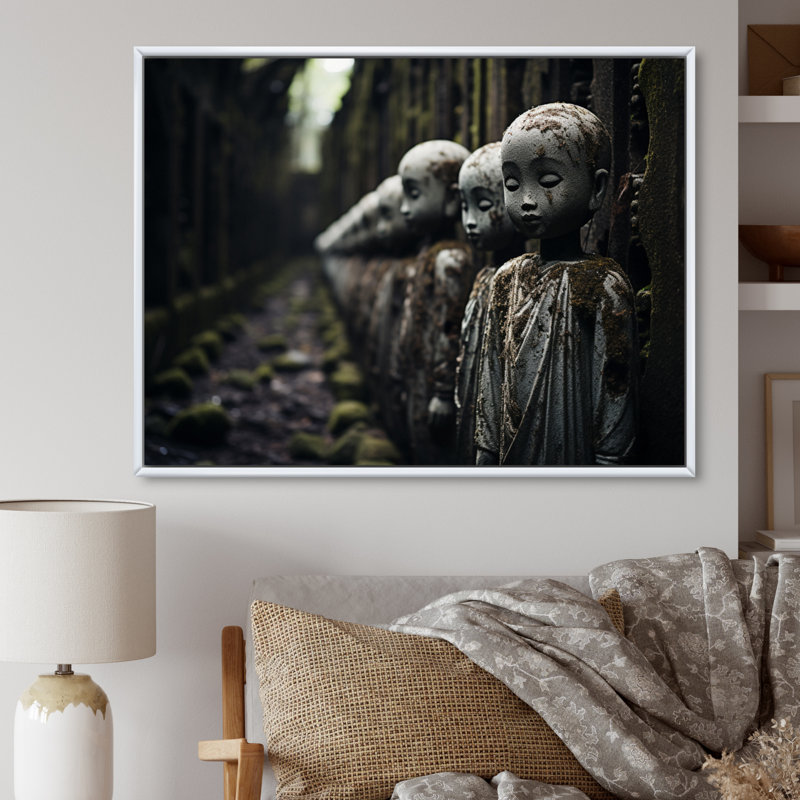 «Japon Art Jizos Guardianship I», reproduction sur toile, H 16 po x l 32 po, Cadre flottant blanc