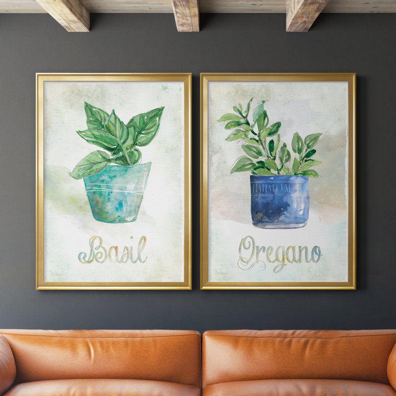 Basilic en pot - Ensemble de 2 peintures sur toiles, H 26,5 po x l 73 po x P 1,5 po, Toile avec cadre doré