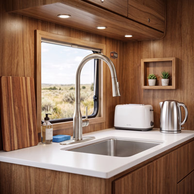 Modern farmhouse-style pull-down kitchen sink faucet with a 360° swivel, high-arc spout, 2 spray modes, and a leak-proof ceramic cartridge—easy DIY installation