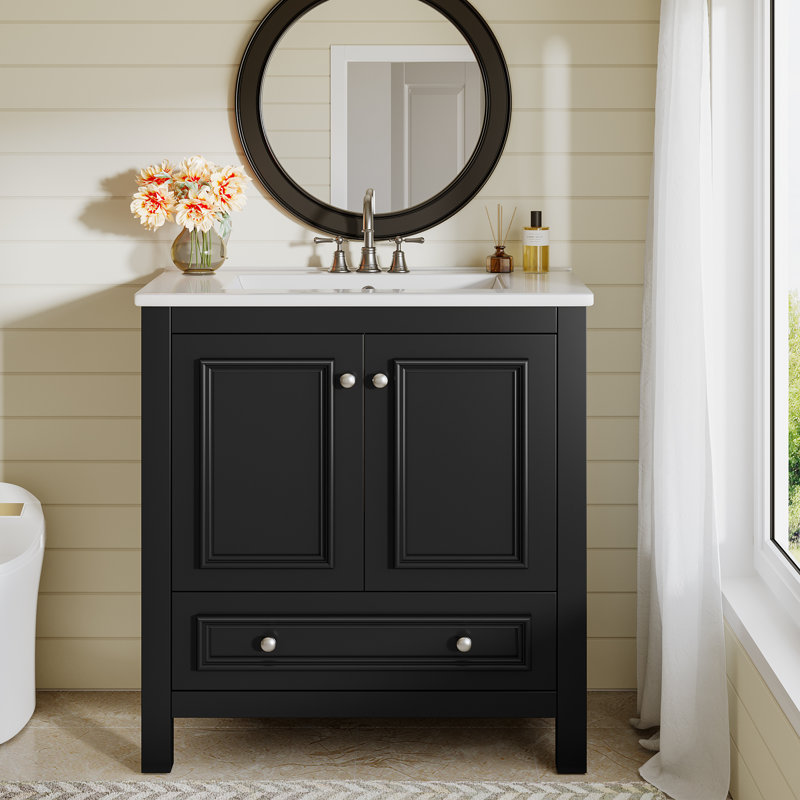 Meuble-lavabo autoportant avec cadre en bois massif 30 po avec lavabo et organisateur de porte, Noir, 30"