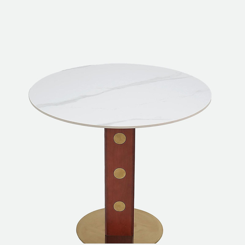 Table de salle à manger ronde 33,5 po en pierre frittée avec pieds en bois et base dorée