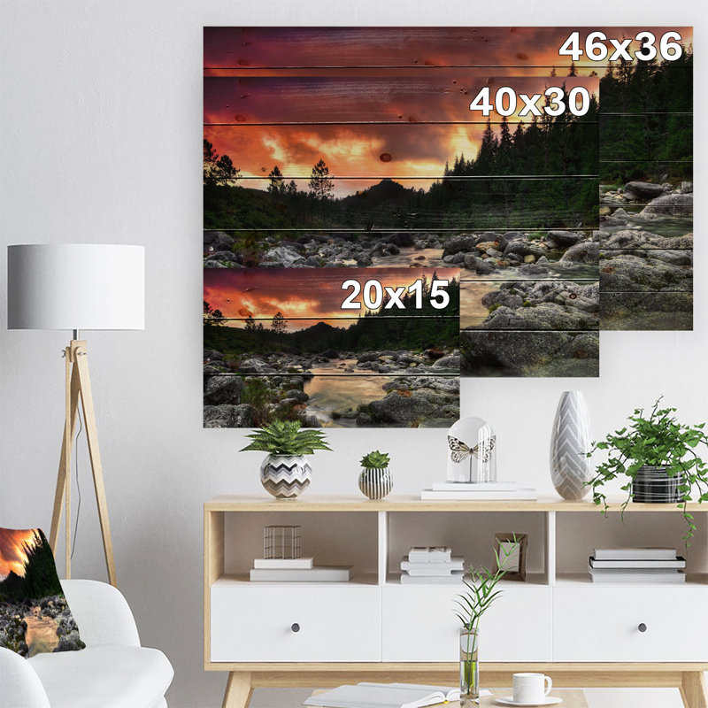 «Rocky Mountain River at Sunset», photographie, H 30 po x l 40 po x P 1,5 po, Bois