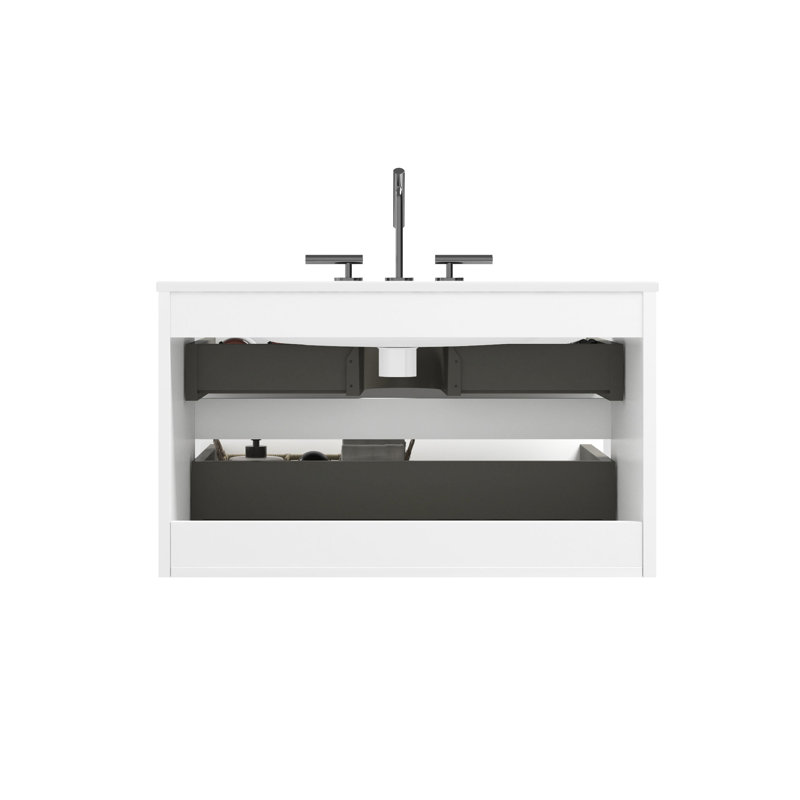 Meuble-lavabo moderne blanc brillant de 36 po - lavabo en céramique et 3 trous de robinet, rangement abondant, tiroirs silencieux pour une idée de décoration avec tiroirs spacieux, look