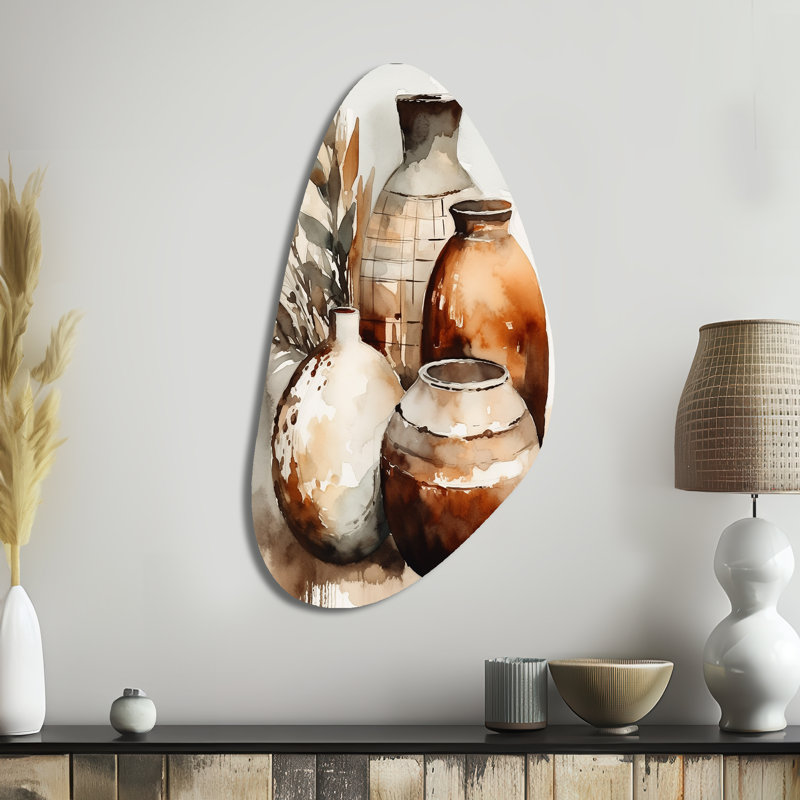 Lasser Brown And Cream Earthen Elegant Vase I - Boho Pottery Asymmetrical Metal Print, Traditional Freeform Metal Wall Art