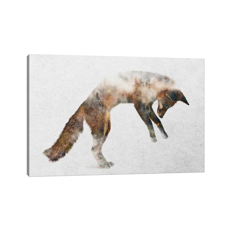 Jumping Fox by Andreas Lie - Print on Canvas, Brown Framed, 30.48 cm H x 45.72 cm W