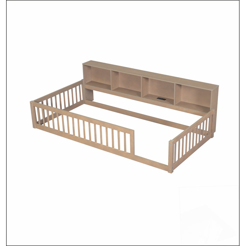 Lit simple en bois de taille très grand avec armoires de rangement spacieuses et ports USB pratiques, brun, Brun
