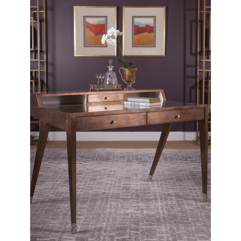 Transitional Warm Brown Desk with Hutches and Glass Inset