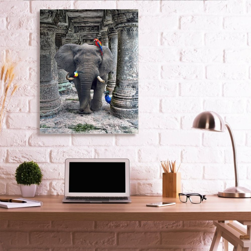 Reproduction d’art graphique en pierre ornée d’éléphants et de jungle, Wrapped Canvas, 48" H x 36" W x 1.5" D