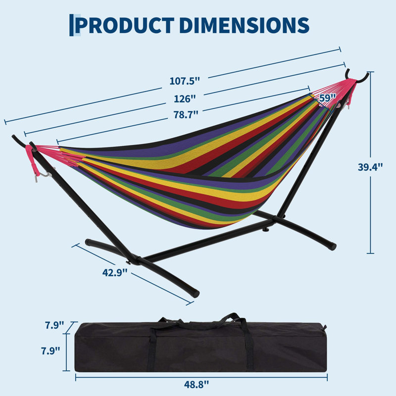 Hamac double avec support en acier peu encombrant, hamac robuste pour 2 personnes avec sac de transport, assemblage facile, capacité de 350 lb pour le camping dans la cour intérieure et extérieure, rayures arc-en-ciel noires