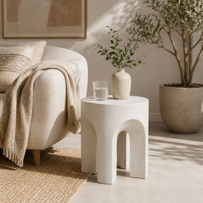 Round Top Outdoor Side Table, Lightweight Concrete Accent End Table for Patio, Garden, and Living Room, Antique White​