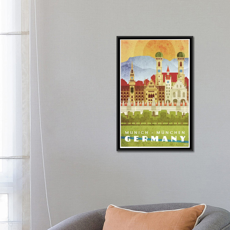 Allemagne-Munich par Missy Ames-impression d’art graphique, H 26 po x l 18 po x 1,5 po, Pas de tapis, Toile avec cadre noir