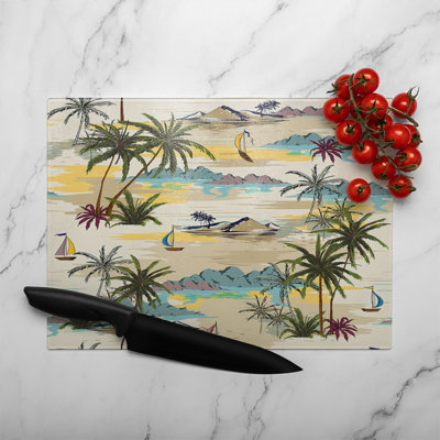 Palm & Sailboats Glass Chopping Board
