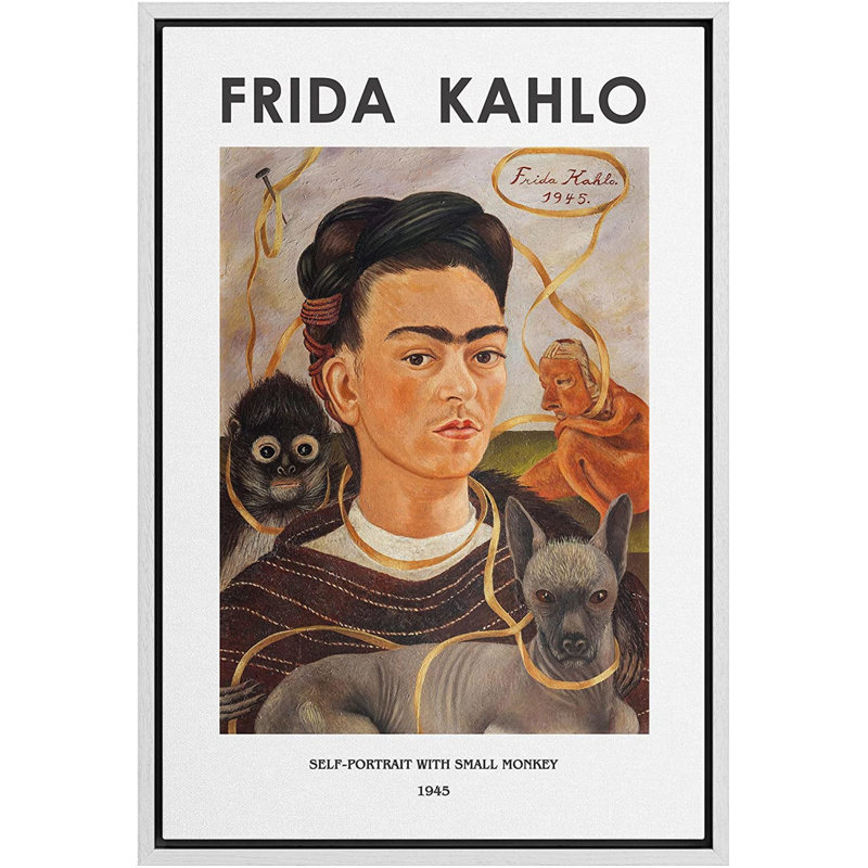 Art mural classique, impression sur toile, autoportrait avec petit singe par Frida Kahlo, H 36 po x l 24 po, Blanc