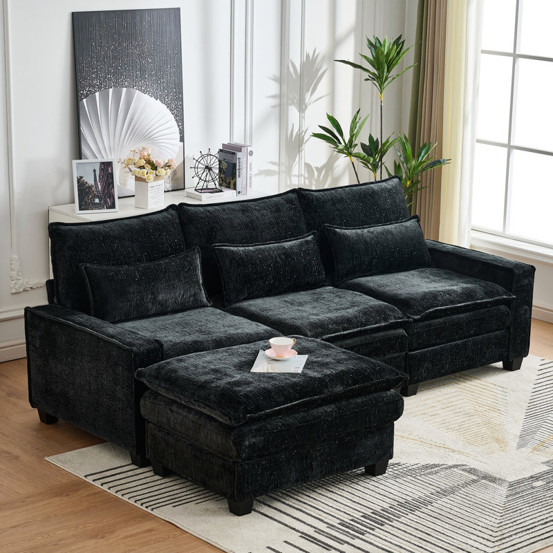 Canapé modulaire en L 99 po, modulaire, mobile, en L 99 po, 4 pièces en chenille noire, siège principal, siège profond, nuage, coussin lombaire amovible double, canapé modulaire en L en chenille pour animal de compagnie, 4 pièces