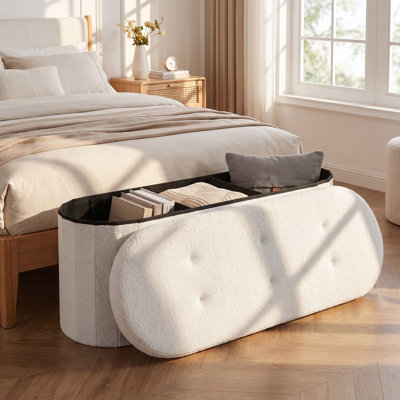 Storage Ottoman Bench 43” Oval Ottoman with Dividers Folding Teddy Boucle Footrest