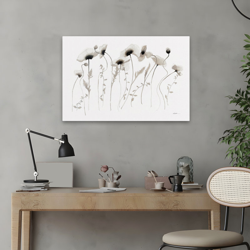 Coquelicots contemporain floral gris blanc Coquelicot gris, H 24 po x l 16 po