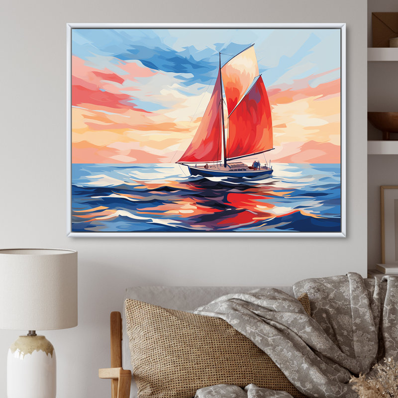 Coucher de soleil sur un bateau à voile I - Bateau, art mural, Cadre flottant blanc, H 30 po x l 40 po x P 1,5 po