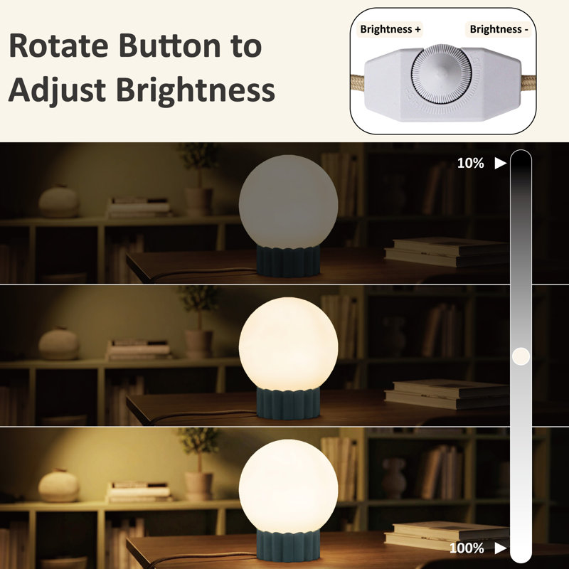 Lampe de table sphérique en verre de lait 6,9 po avec base en résine texturée, intensité de couleur réglable et réglable, douille E12, homologuée UL