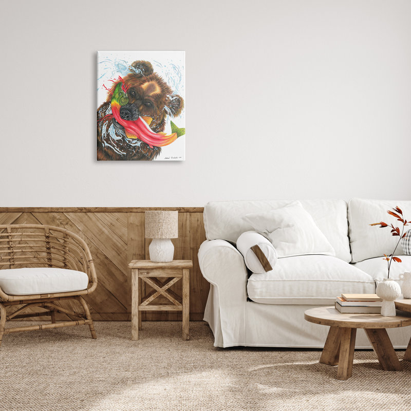 «Brown Bear Hunting River Fish Forest Animal Kingdom» par Andrea Kochish - impression d'art graphique, H 30 po x l 24 po