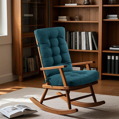 18x41x3 in tufted rocking chair cushion for indoor/patio use. Wear-resistant fabric, silk + foam pellet filling, elastic drawstring, and ties. Ideal for baby’s room, living room, study, garden, or patio