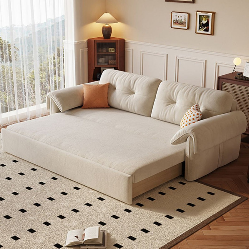 Canapé-lit standard en velours blanc avec coussins., H 33,86 po x L 73,23 po x l 32,28 po