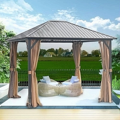 Pavillon de jardin en métal 10X12 avec toit rigide, pergola robuste avec moustiquaires et acier galvanisé, tente à auvent robuste pour l'extérieur, convient aux jardins, au patio et à la cour arrière