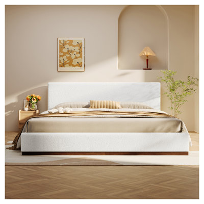 Modern White Boucle Upholstered King Bed Frame with Solid Wood Base - Luxury Platform Bed with Soft Fabric Headboard