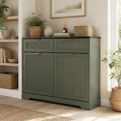 Armoire à poubelle double inclinable - 2 x 10 gallons, armoire à poubelle cannelée avec 2 tiroirs et crochets, porte-poubelle autoportant à l'épreuve des animaux de compagnie pour la buanderie du salon (ne comprend pas la poubelle)