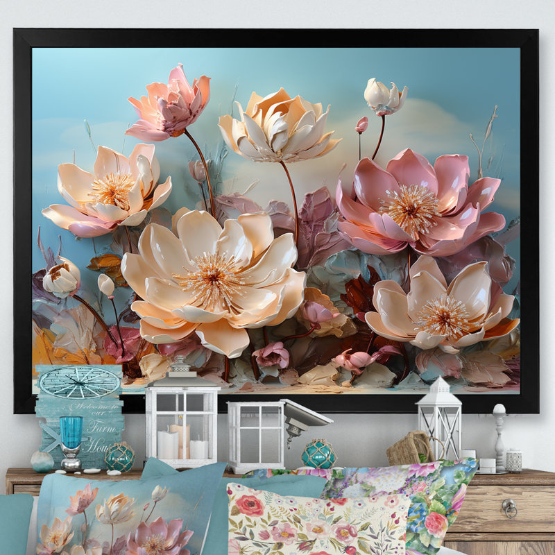 Fleur de lotus rose moderne - impression, Cadre simple noir, H 24 po x l 32 po x P 1 po