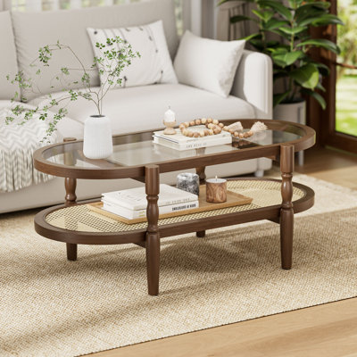 Glass Top Coffee Table with Rattan Shelf