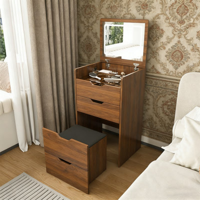 Bureau de coiffeuse 3 en 1 avec miroir éclairé et tabouret, coiffeuse à plateau rabattable, ensemble de meuble-lavabo compact pour la chambre à coucher, la salle de bain, le vestiaire, L 18,9 po, finition noyer