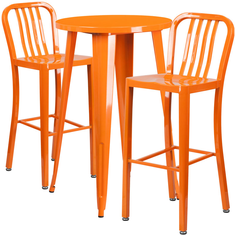 Ensemble de tables de bar rondes d'intérieur / extérieur en métal 30 po Drumfane avec 2 tabourets verticaux à dossier à lattes