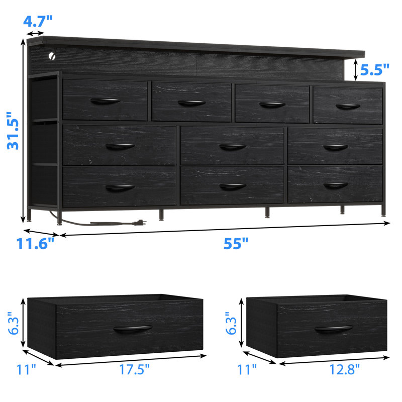 Wrought Studio 55" Wide 10 Drawers Dresser For Bedroom With 2-Tier Open  Shelves, Long Dresser With Led Light And Power Outlets & Reviews | Wayfair
