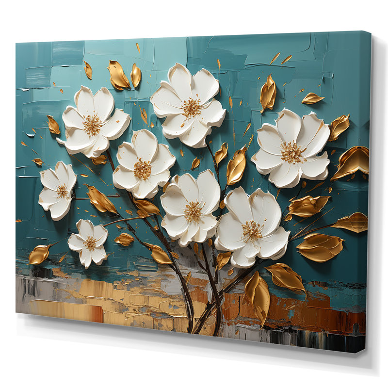 Blanc et or, charmante fleur printanière en fleurs IV - Fleurs, art mural, Toile tendue, H 24 po x l 32 po x P 1 po