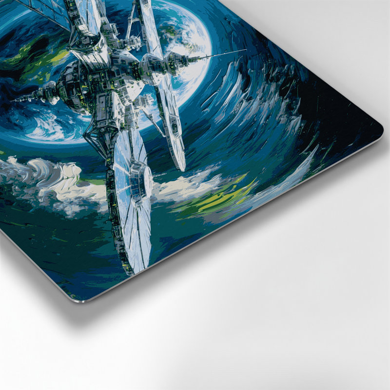 Art mural en métal Sciifi Space station orbiting Earth Blue