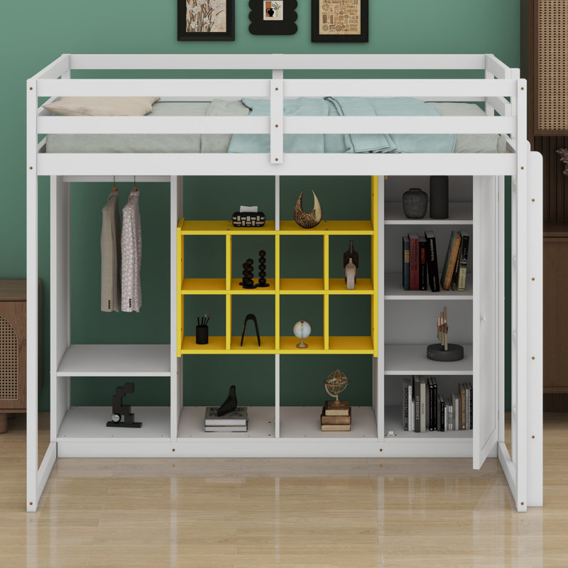 Lit mezzanine en bois avec garde-robe, tablettes et armoire, Blanc / jaune, Simple