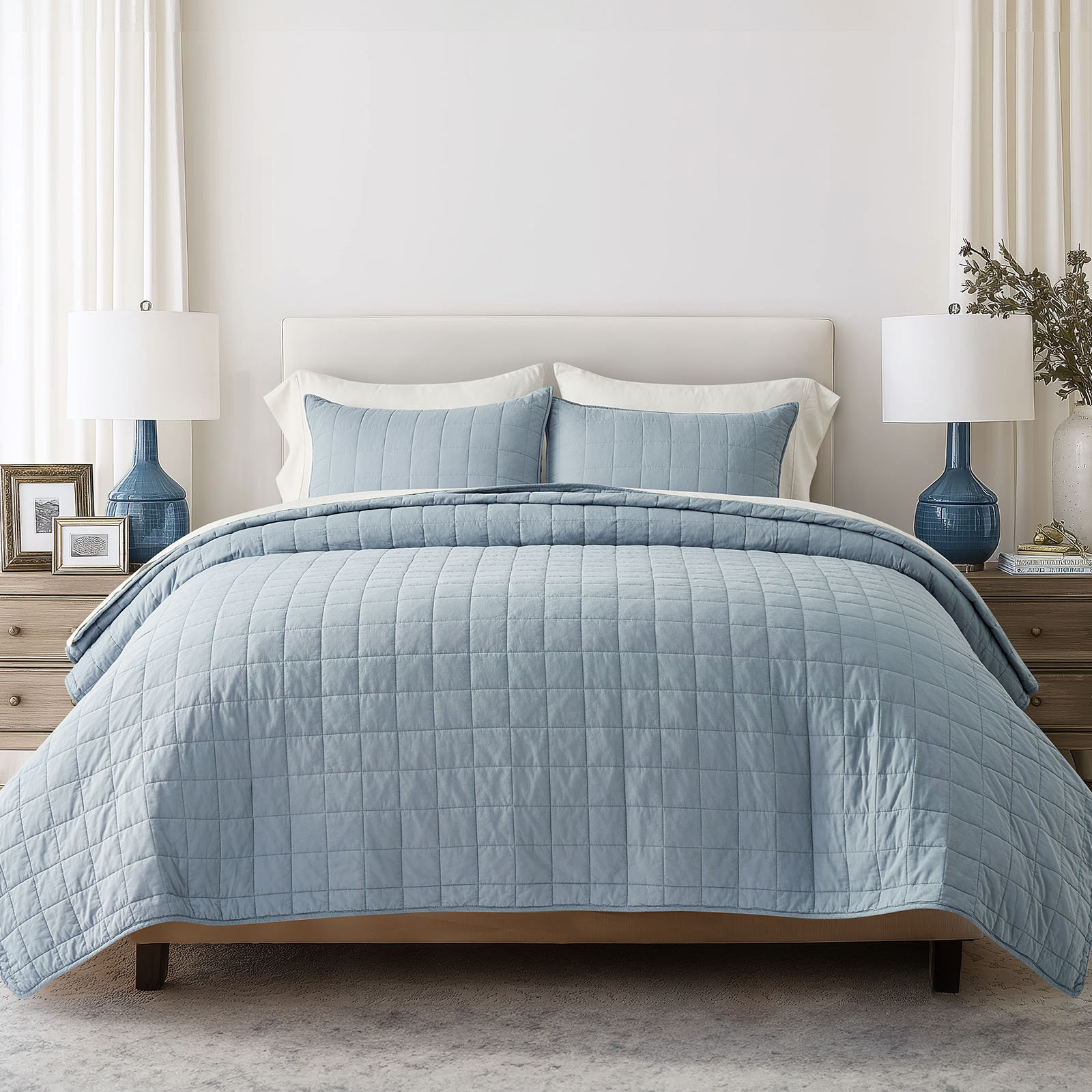 Cotton Quilt Set, King Quilt + 2 King Shams, Blue Linen