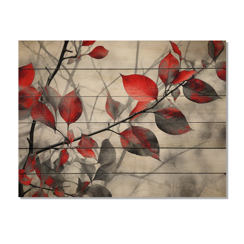 Feuilles rouges et grises sur un arbre IV sur bois, H 30 po x l 40 po x P 0,78 po