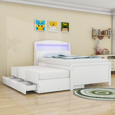 Lit plateforme 3 tiroirs en bois avec tête de lit et lit gigogne simple