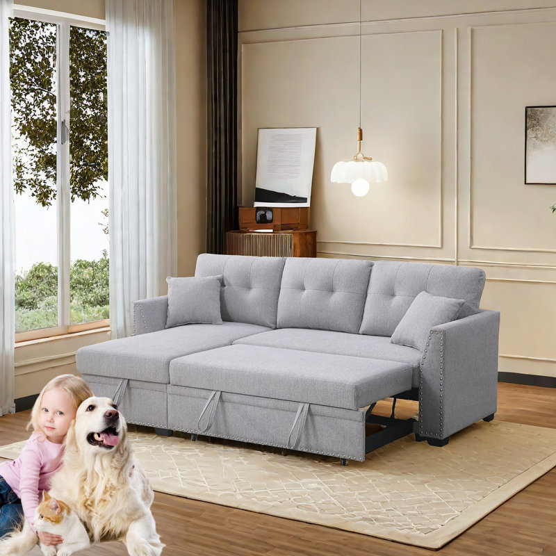 82.5'' Upholstered Sleeper Sofa With Storage Chaise, Klaryssa Light Gray Linen