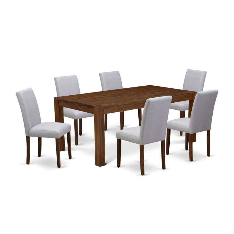 Ensemble de table de salle à manger 7 pièces composé d'une table de cuisine rectangulaire en bois rustique et de 6 chaises Parson en tissu de lin gris, noyer